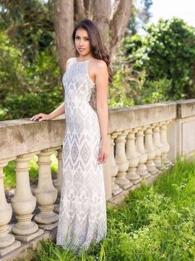 Jump Apparel Cream Silver Glitter Halter Maxi Dress 3/4 XS Formal Prom Evening